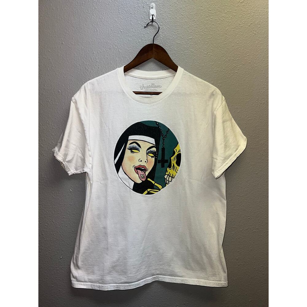 Threadless Nun Shirt Skeleton Acid Drop White Graphic Short Sleeve Tee Large
